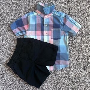 Boy's set, shorts and button-down plaid shirt, size T3